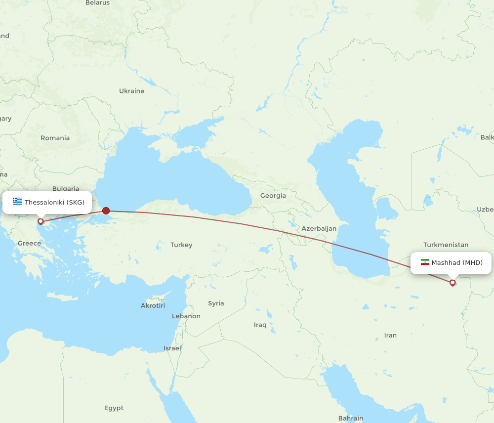 Thessaloniki - Mashad route map and flight paths