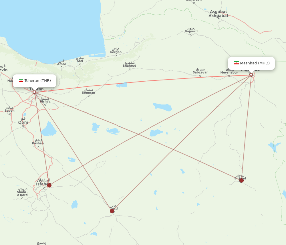 MHD to THR flights and routes map