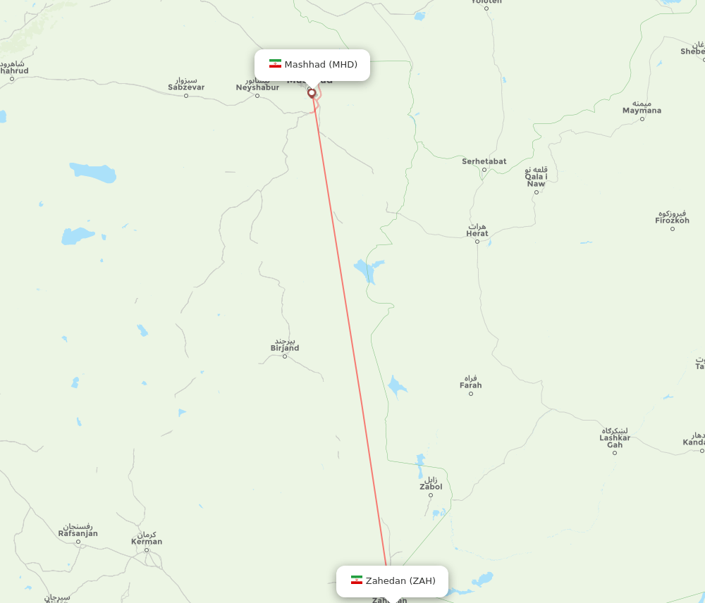 Mashad - Zahedan route map and flight paths