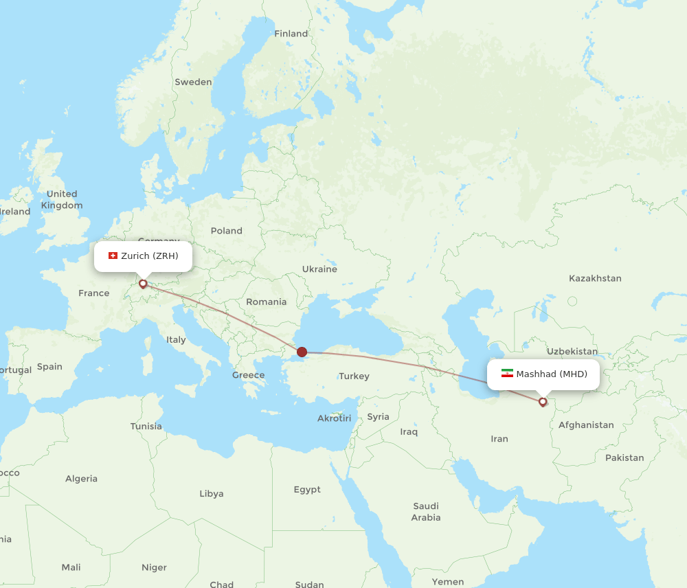 Zurich - Mashad route map and flight paths