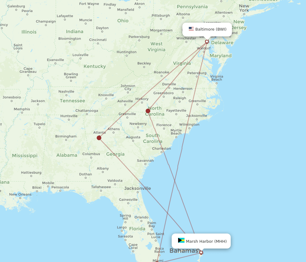 MHH-BWI flight routes