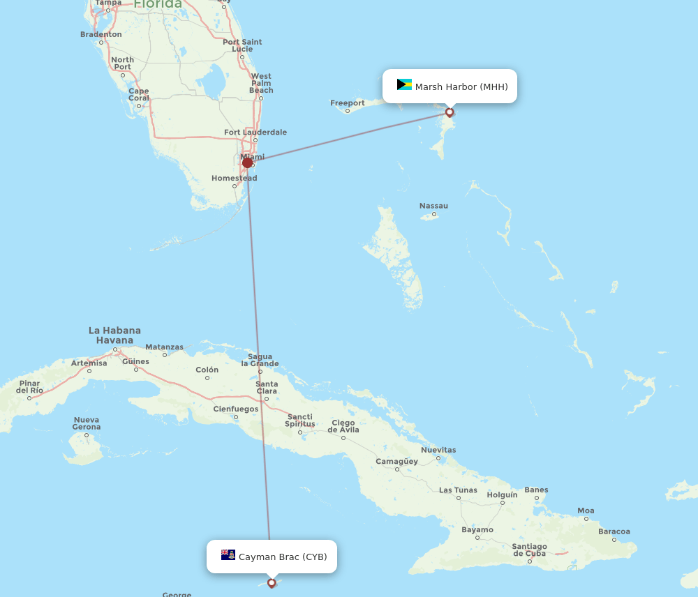 Cayman Brac Island - Marsh Harbour route map and flight paths