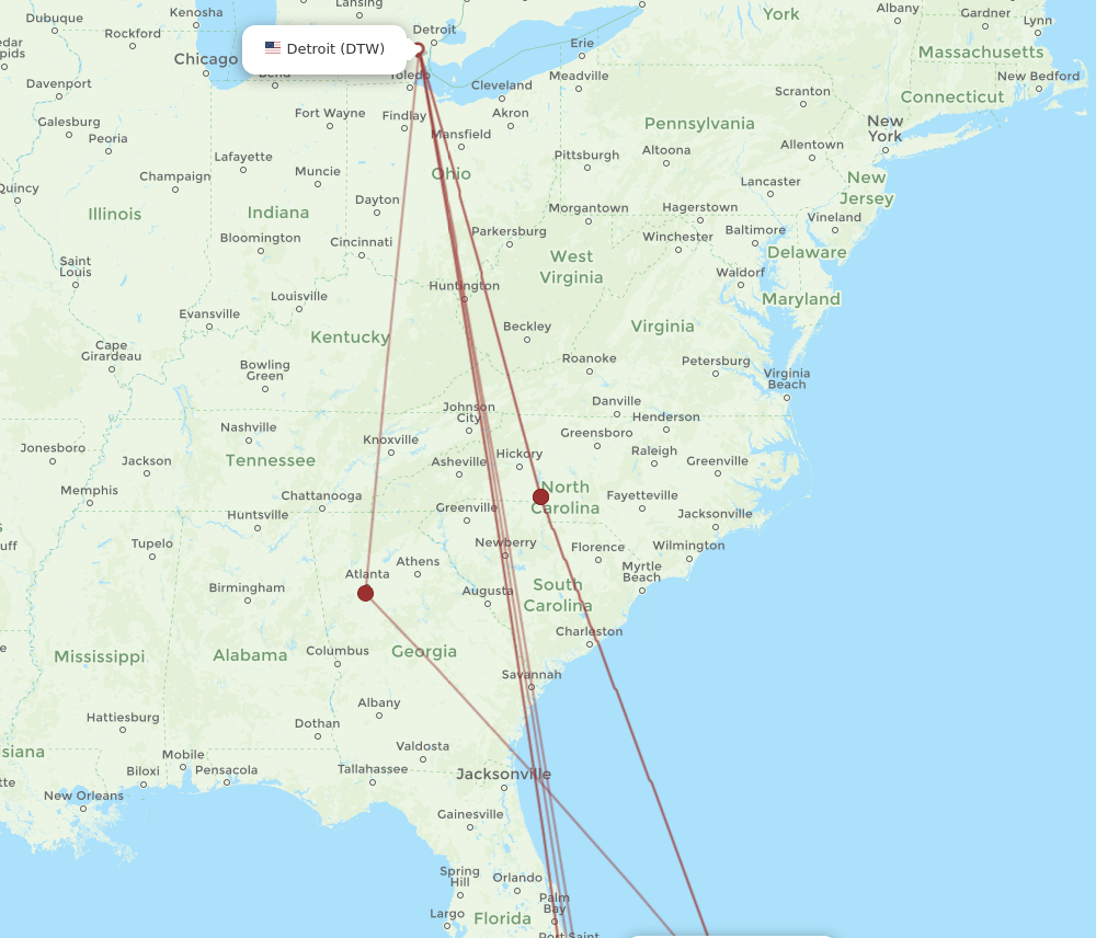 MHH-DTW flight routes