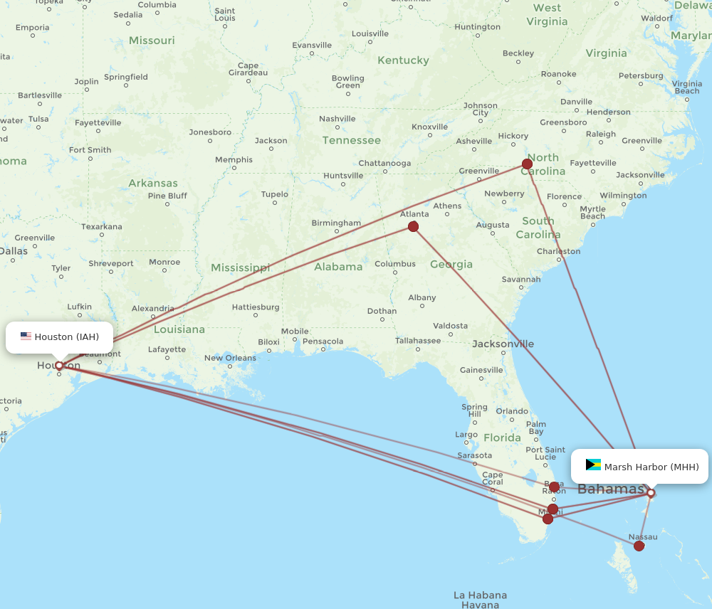 MHH to IAH flights and routes map