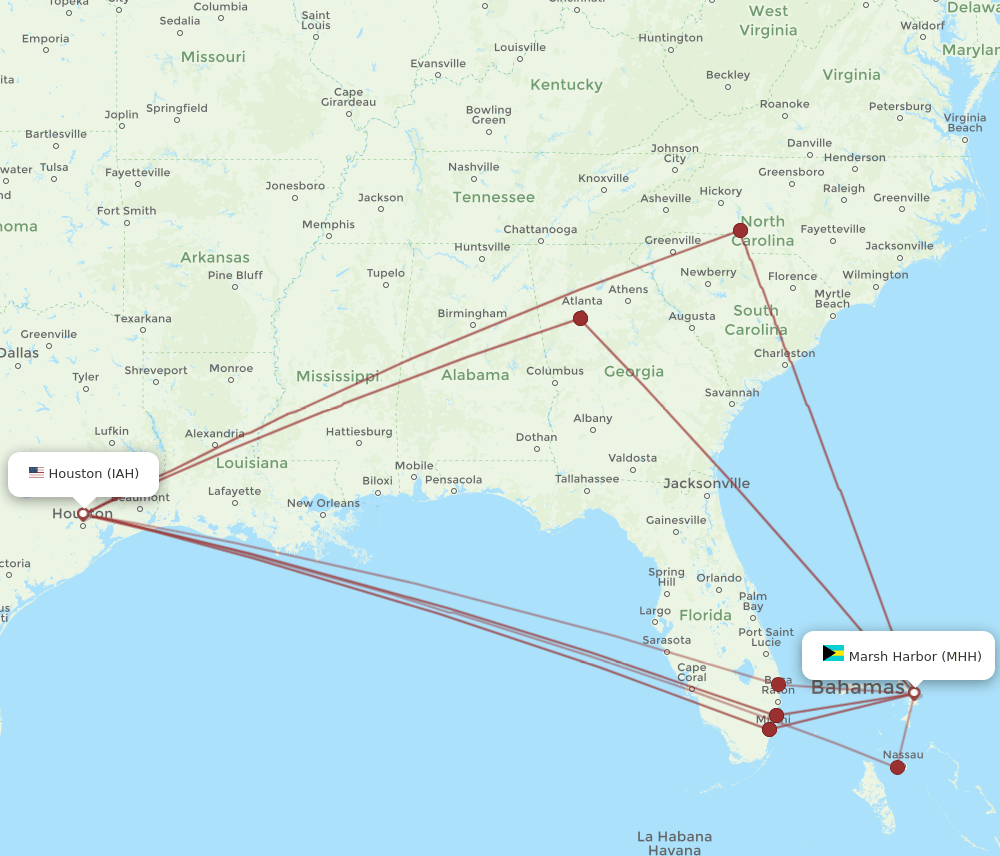 MHH to IAH flights and routes map