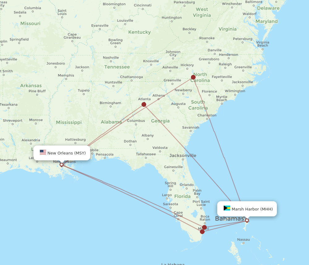 MHH to MSY flights and routes map