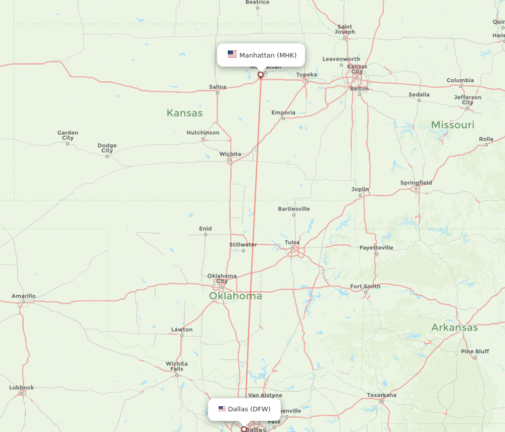 Manhattan - Dallas route map and flight paths