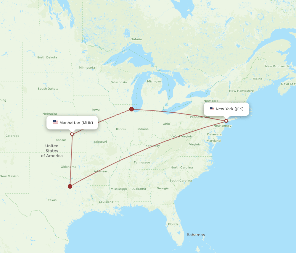 MHK to JFK flights and routes map