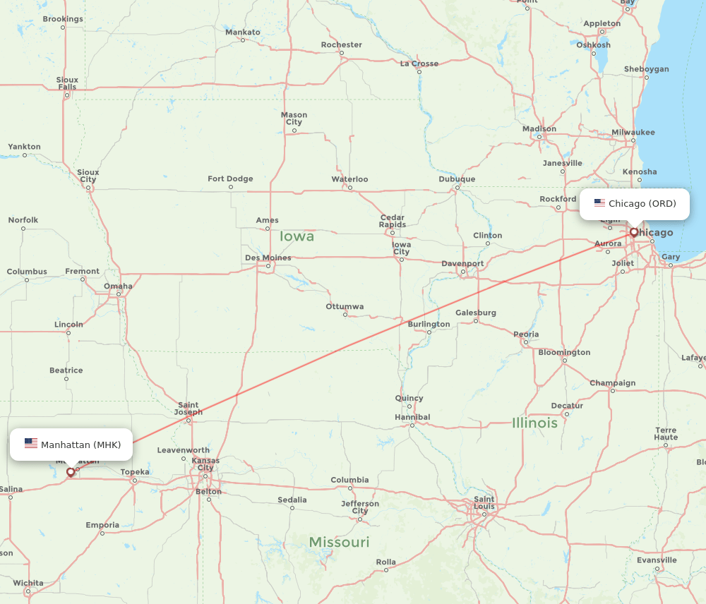 Manhattan - Chicago route map and flight paths