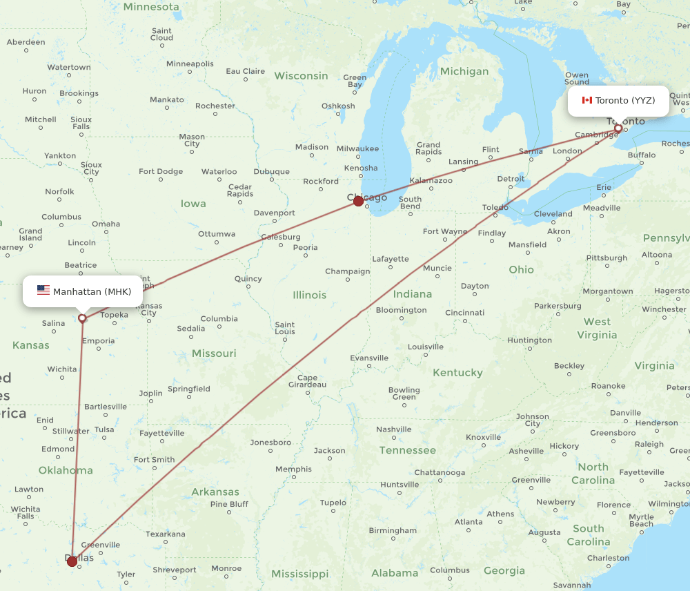 YYZ to MHK flights and routes map