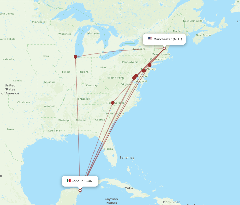 MHT to CUN flights and routes map