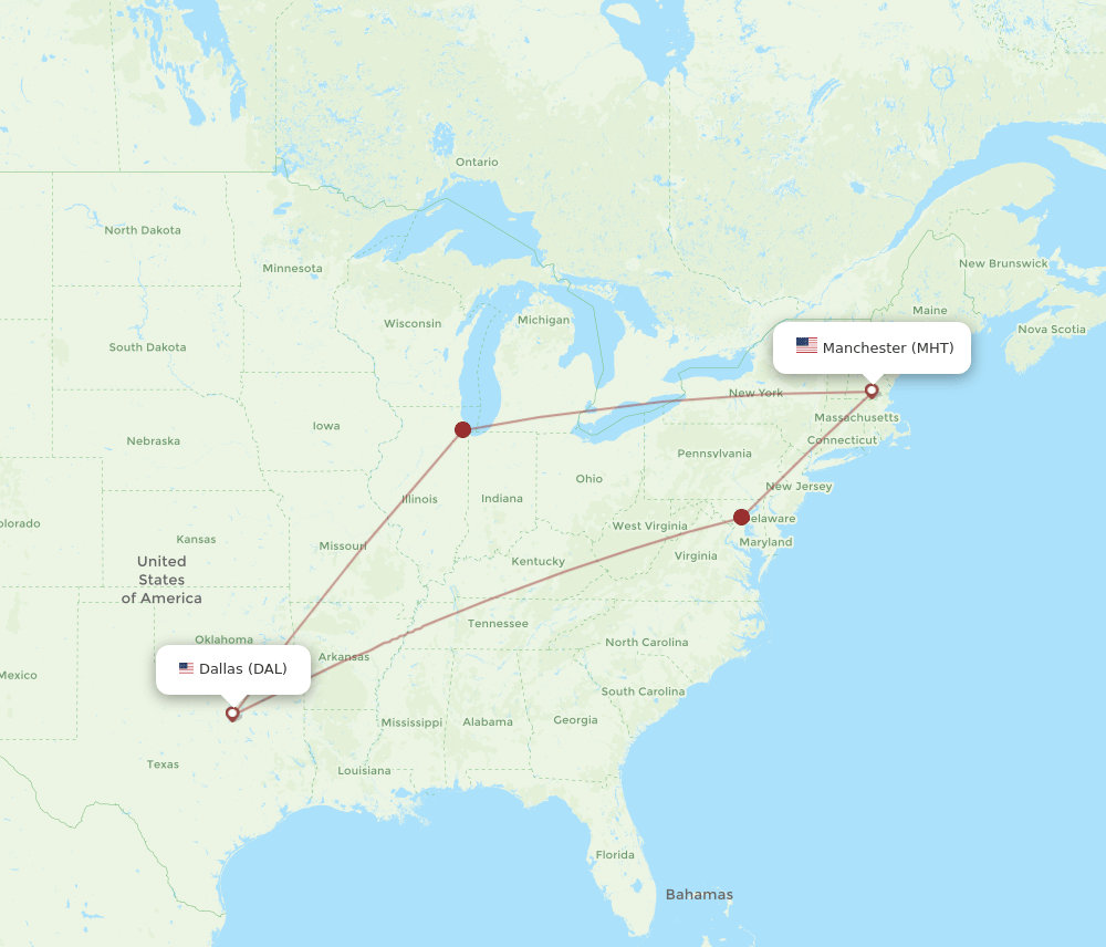 MHT to DAL flights and routes map