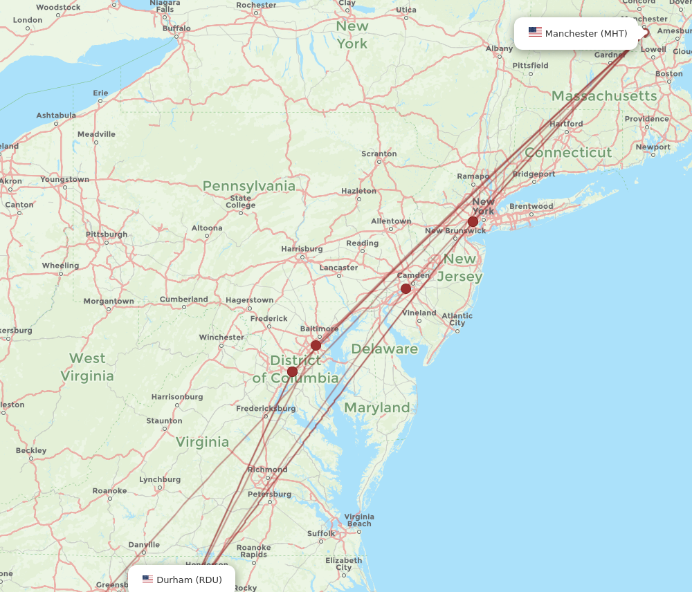 MHT to RDU flights and routes map
