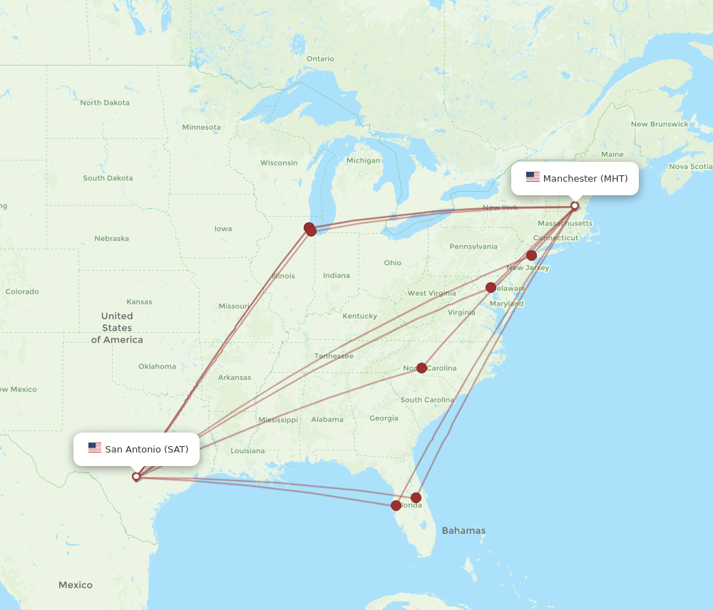 MHT to SAT flights and routes map