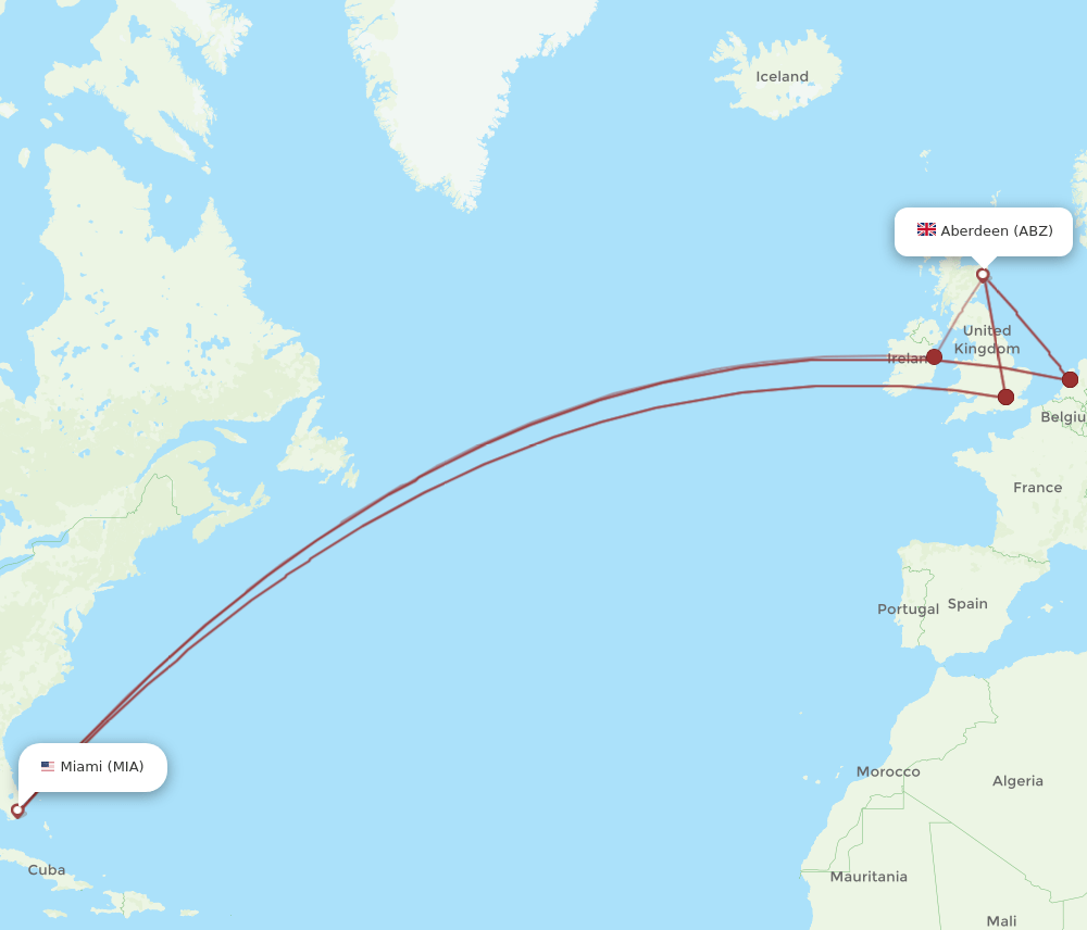 MIA to ABZ flights and routes map