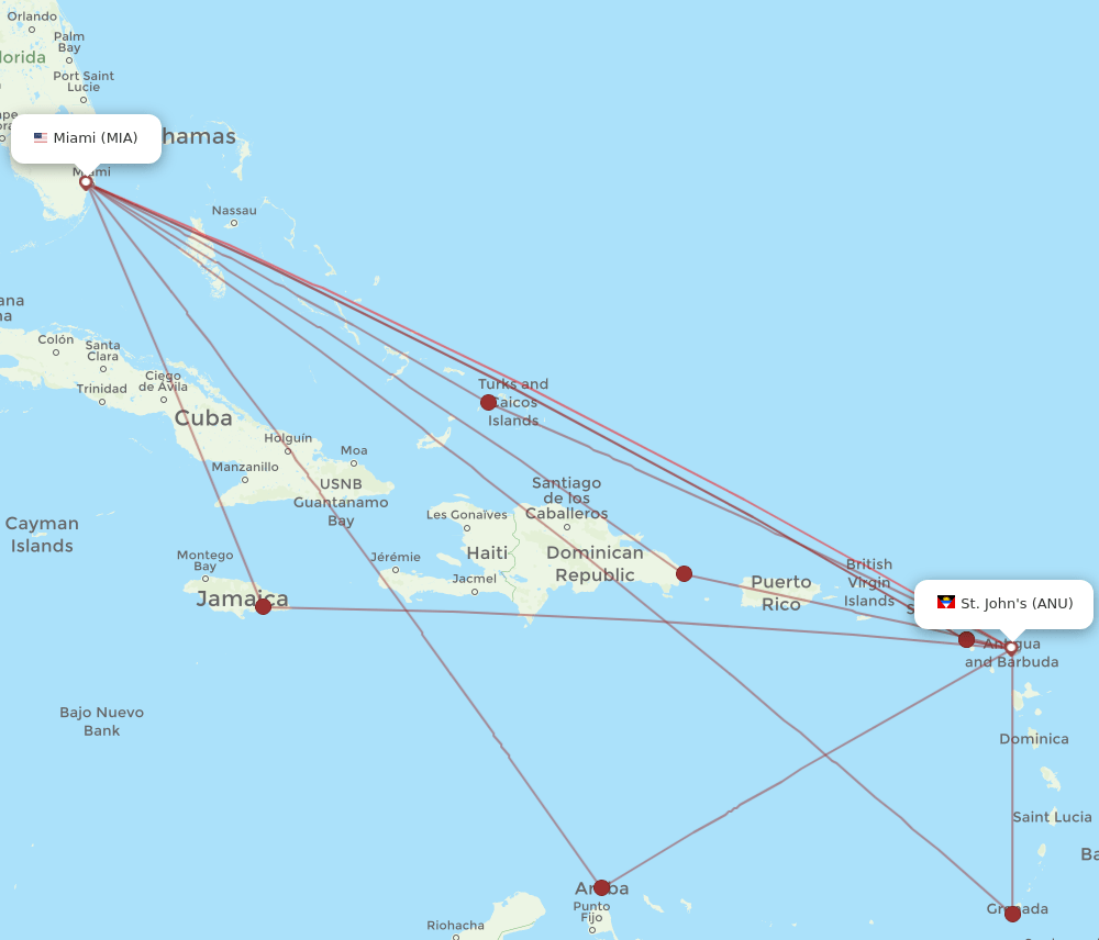 MIA-ANU flight routes