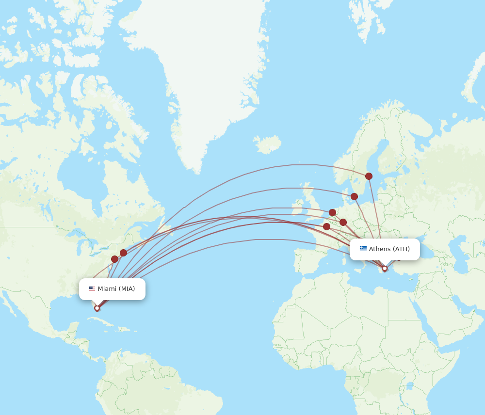 MIA to ATH flights and routes map