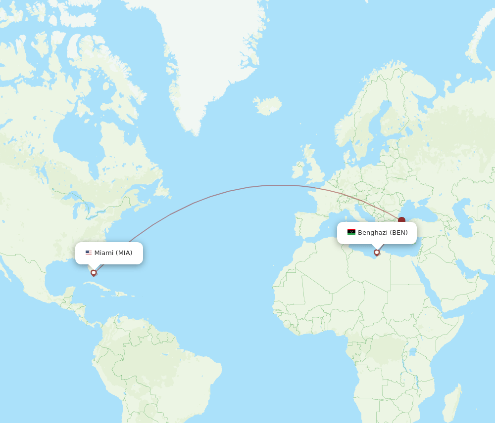 MIA to BEN flights and routes map