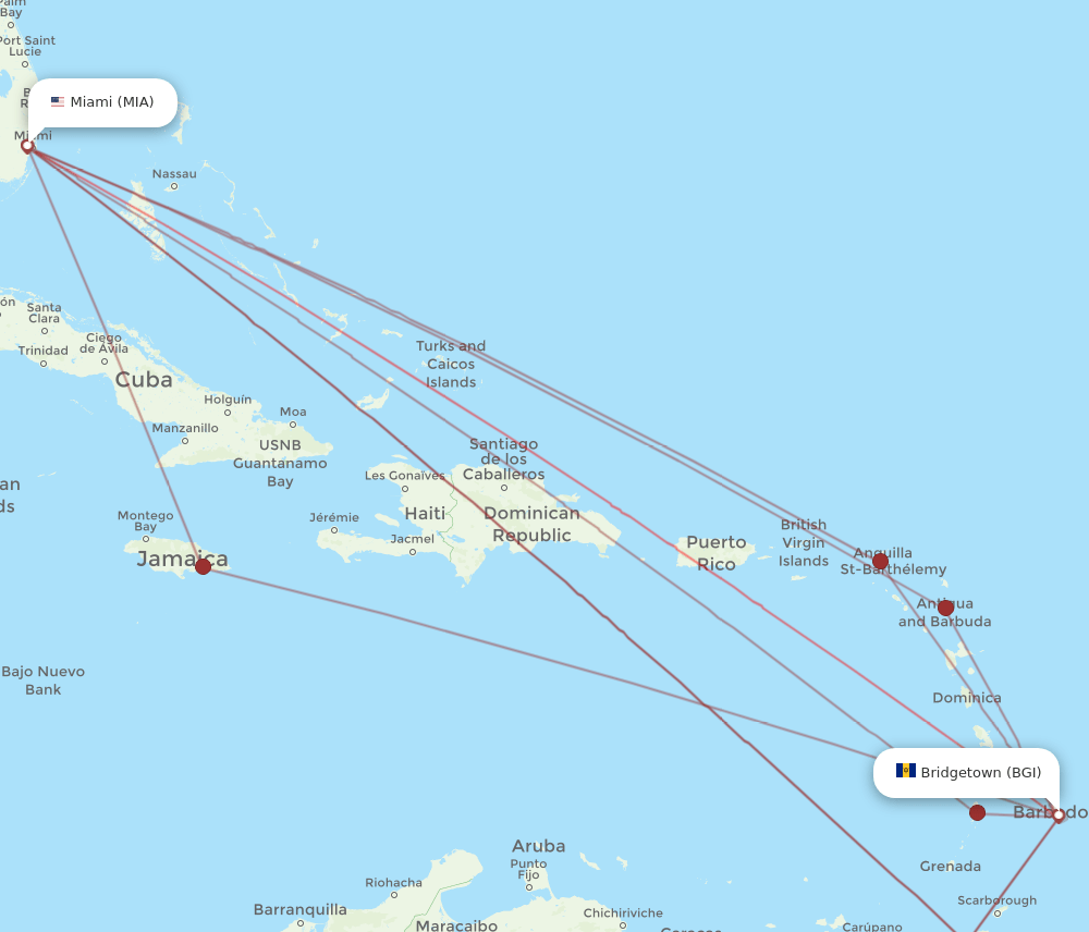 MIA-BGI flight routes