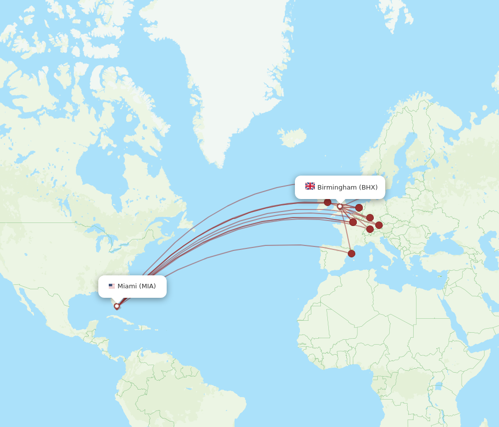 MIA to BHX flights and routes map