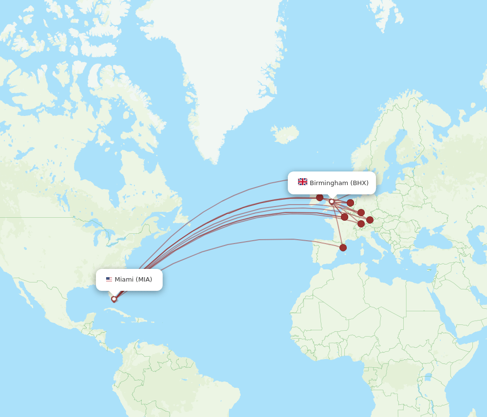 MIA to BHX flights and routes map