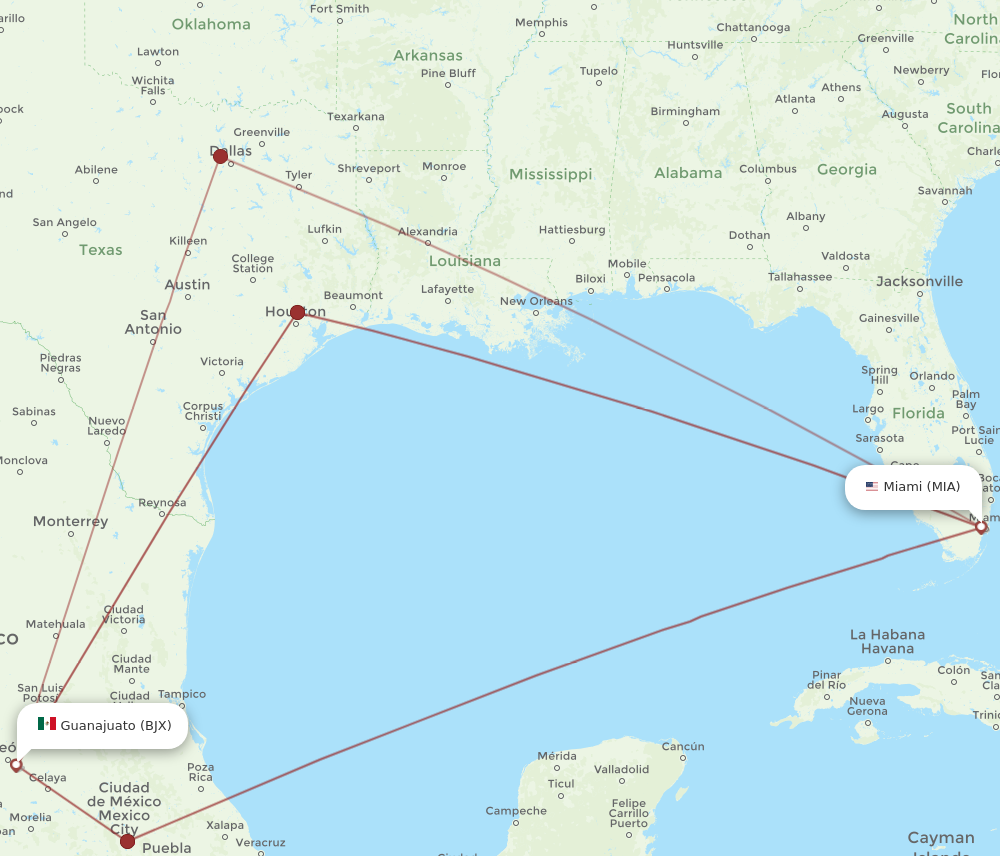 MIA to BJX flights and routes map
