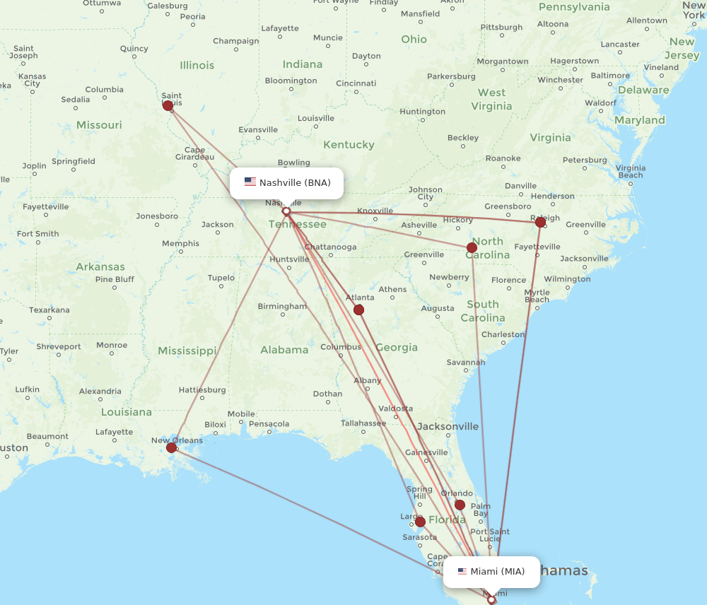 MIA to BNA flights and routes map