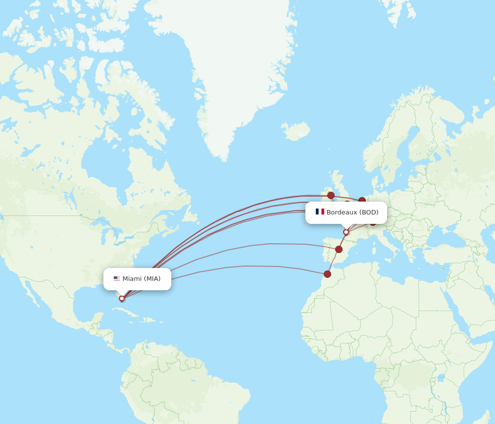MIA to BOD flights and routes map