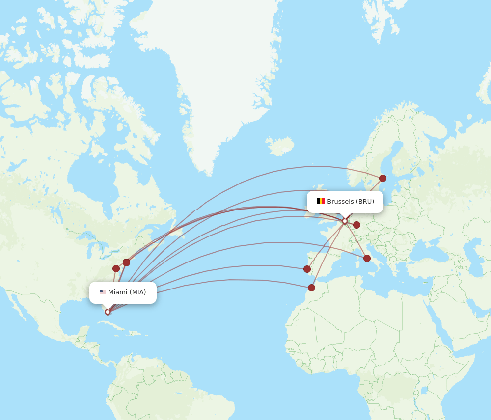 MIA to BRU flights and routes map