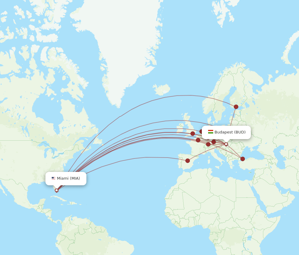 MIA-BUD flight routes