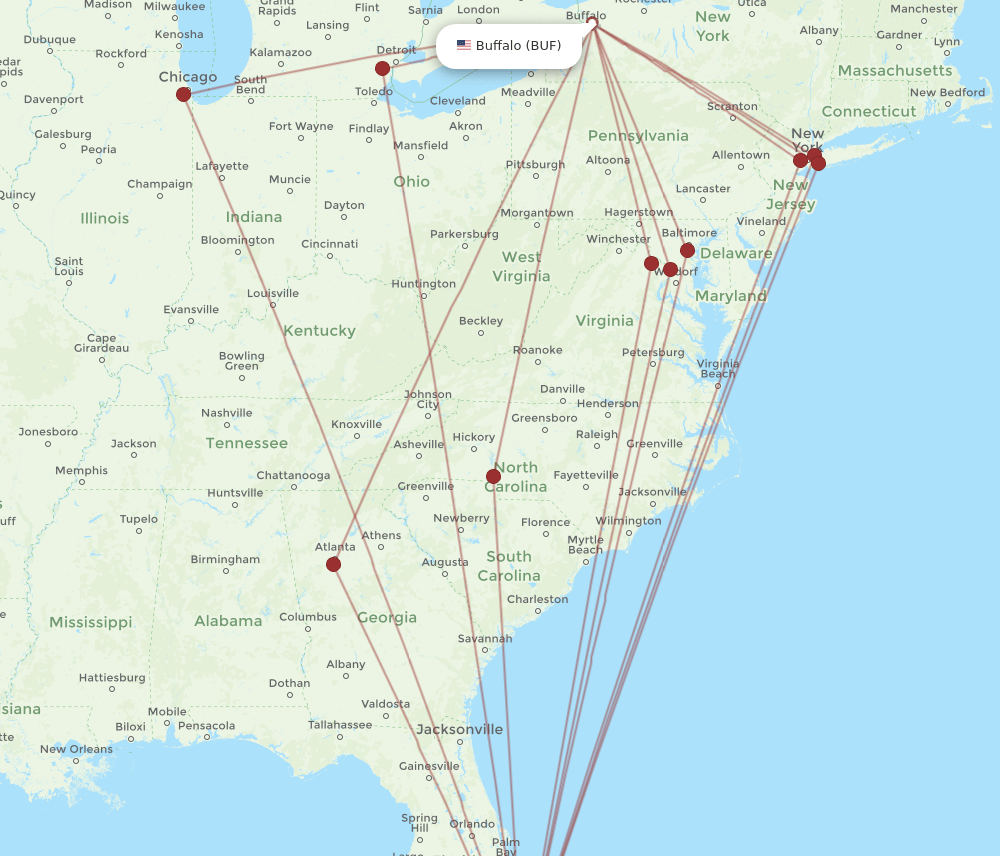 MIA to BUF flights and routes map