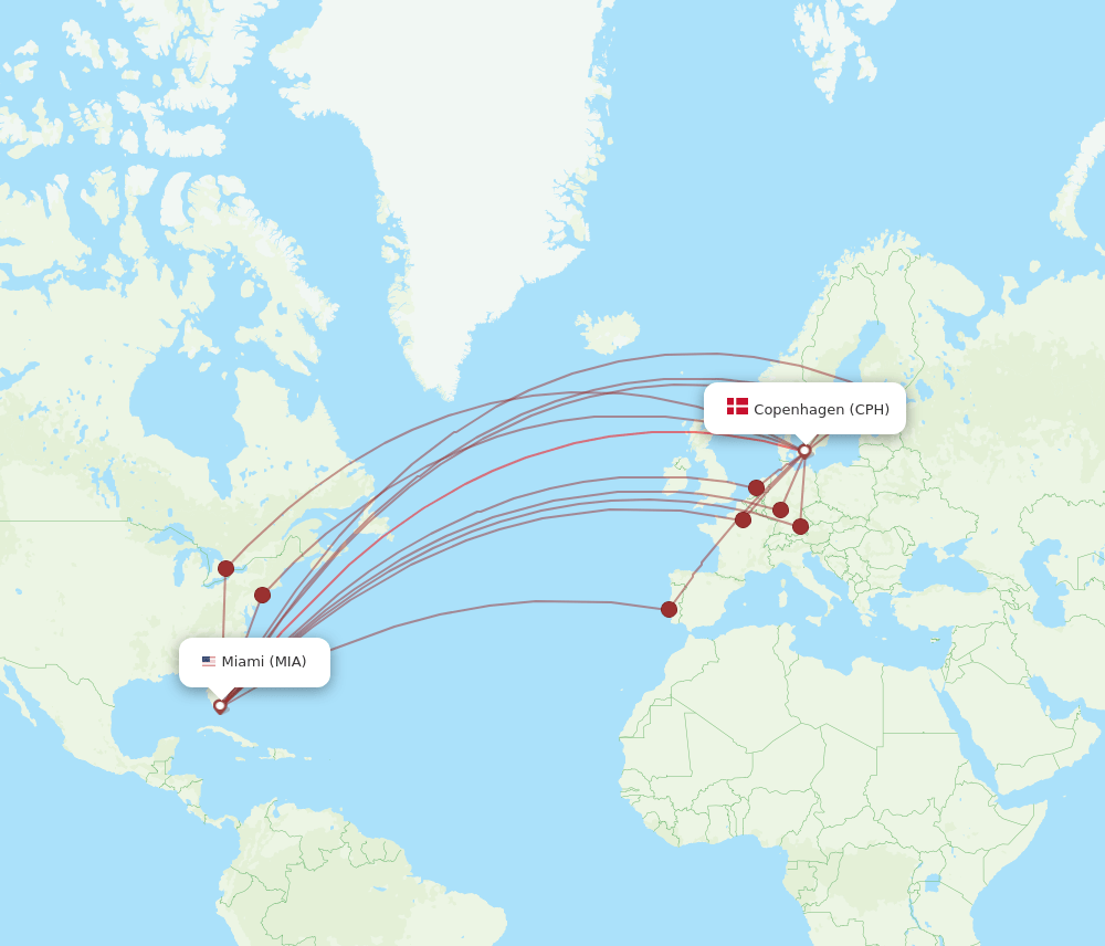 MIA-CPH flight routes