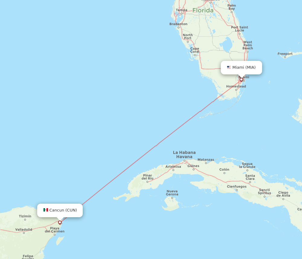 Miami - Cancun route map and flight paths