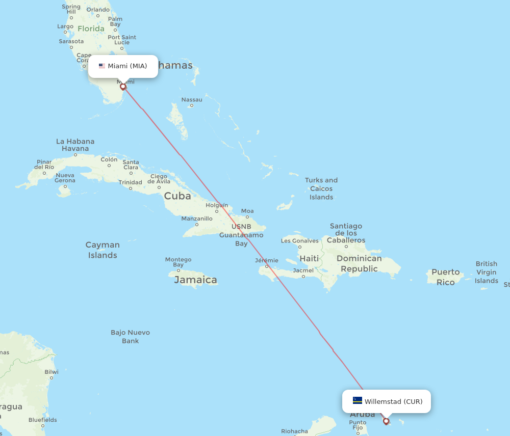 MIA to CUR flights and routes map
