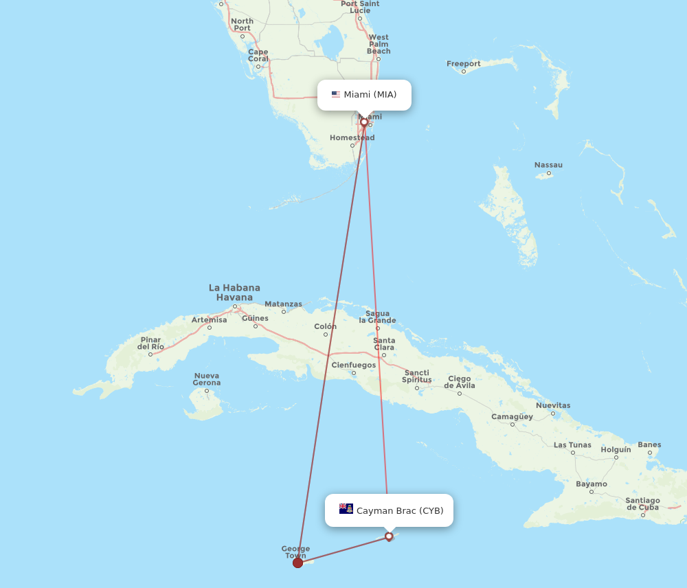 MIA to CYB flights and routes map