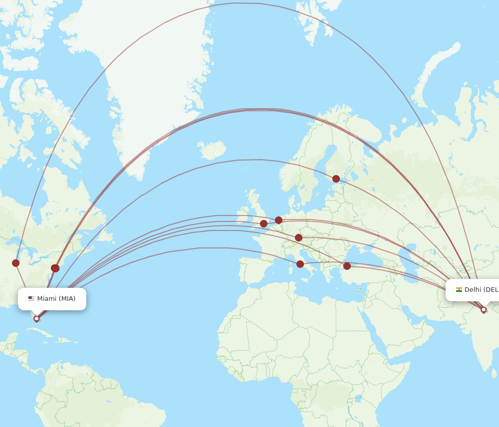 MIA to DEL flights and routes map