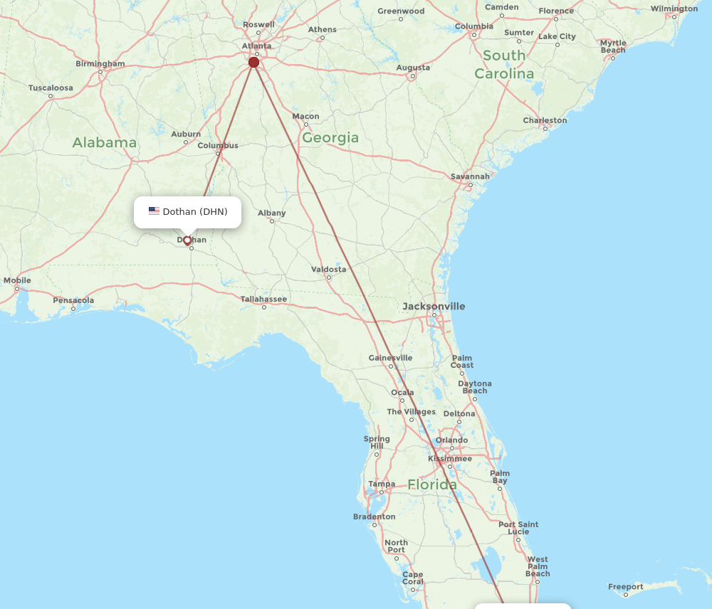 MIA to DHN flights and routes map