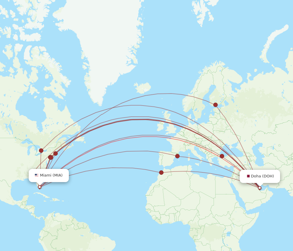 MIA to DOH flights and routes map