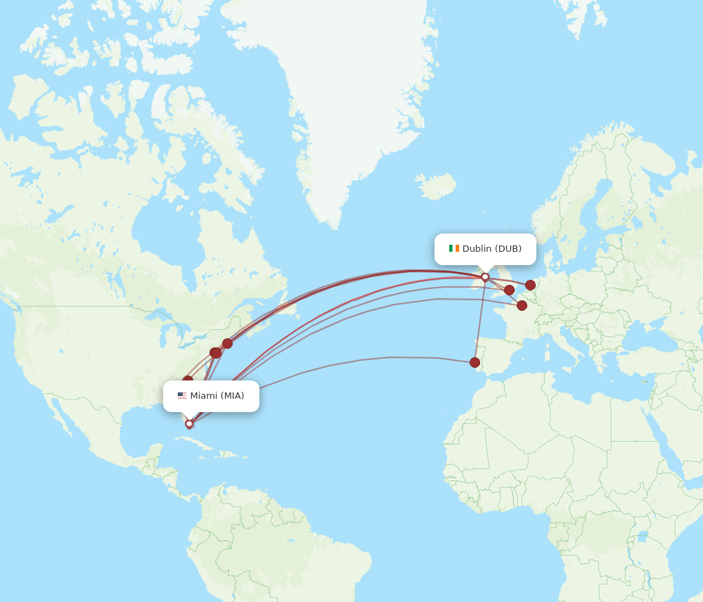 MIA to DUB flights and routes map