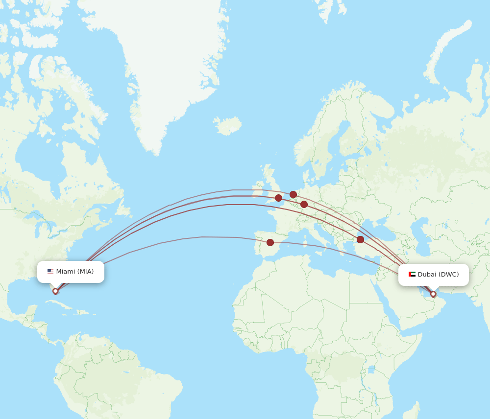 Miami - Dubai route map and flight paths