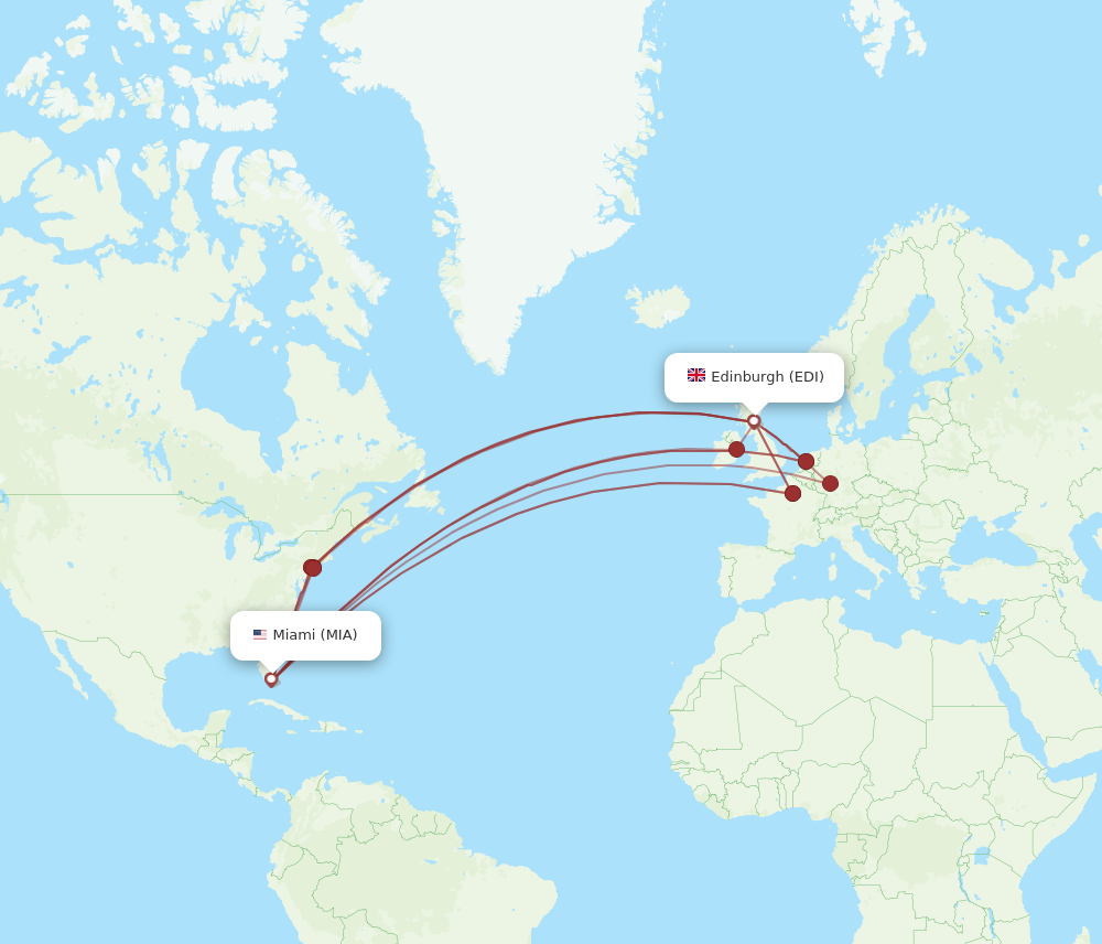MIA to EDI flights and routes map