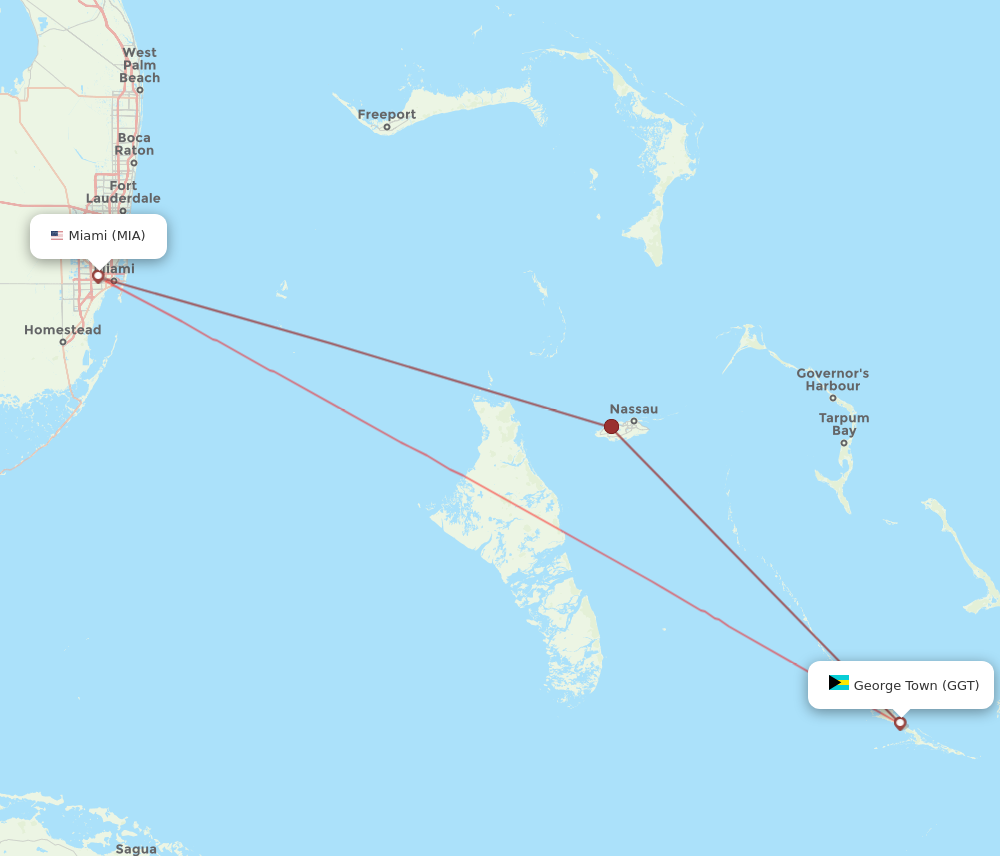MIA to GGT flights and routes map