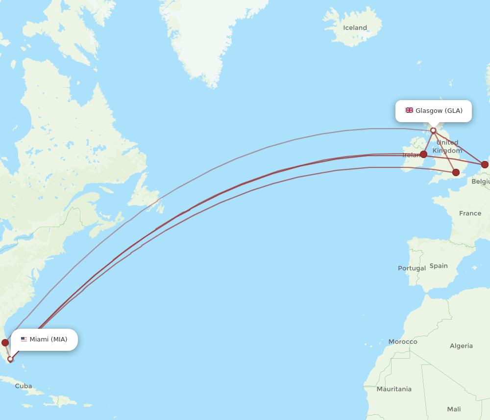 MIA to GLA flights and routes map
