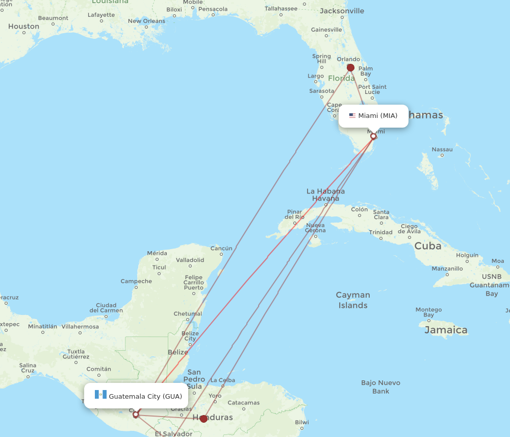 MIA to GUA flights and routes map