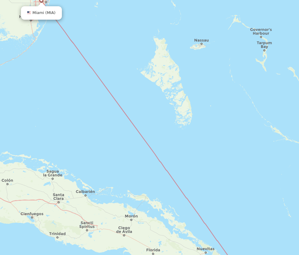 Miami - Holguin route map and flight paths