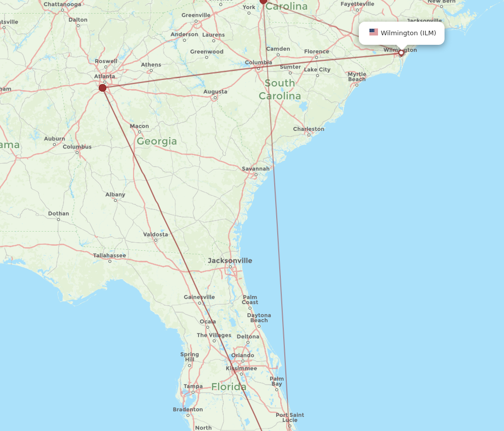 MIA to ILM flights and routes map