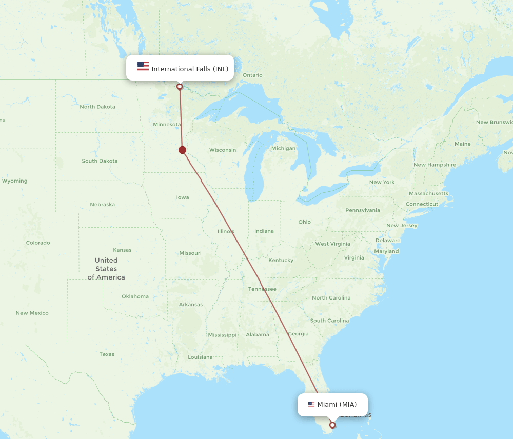 International Falls - Miami route map and flight paths