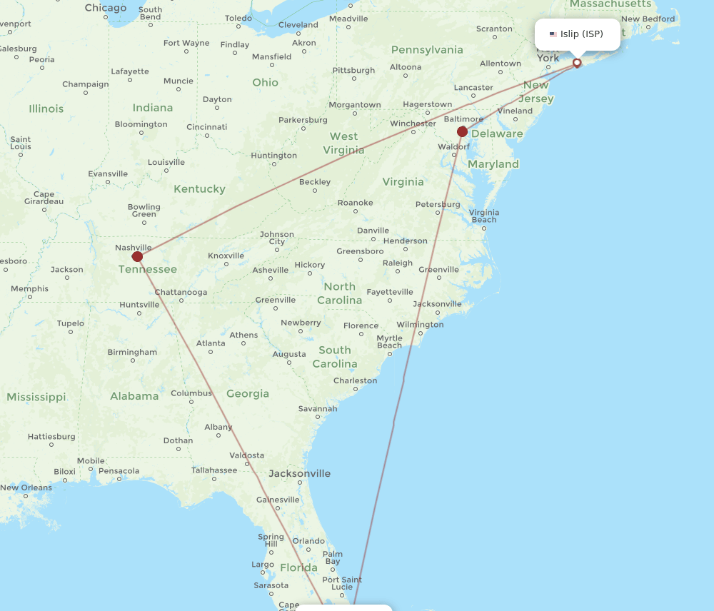 MIA-ISP flight routes