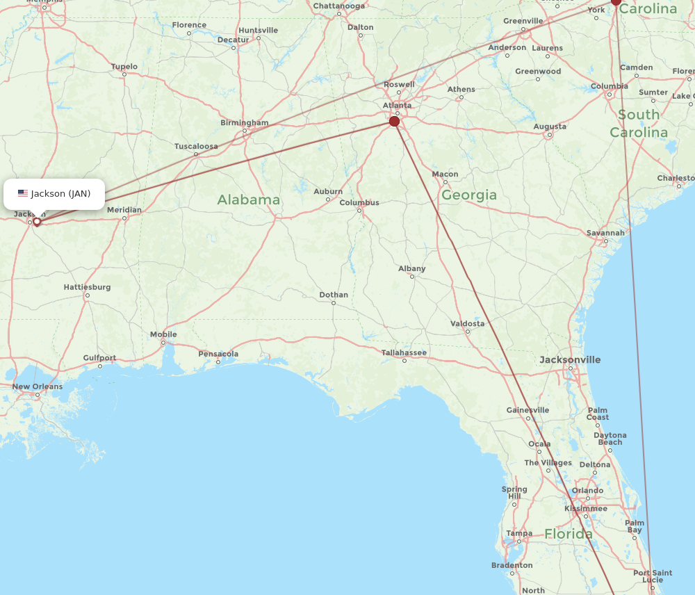 MIA to JAN flights and routes map