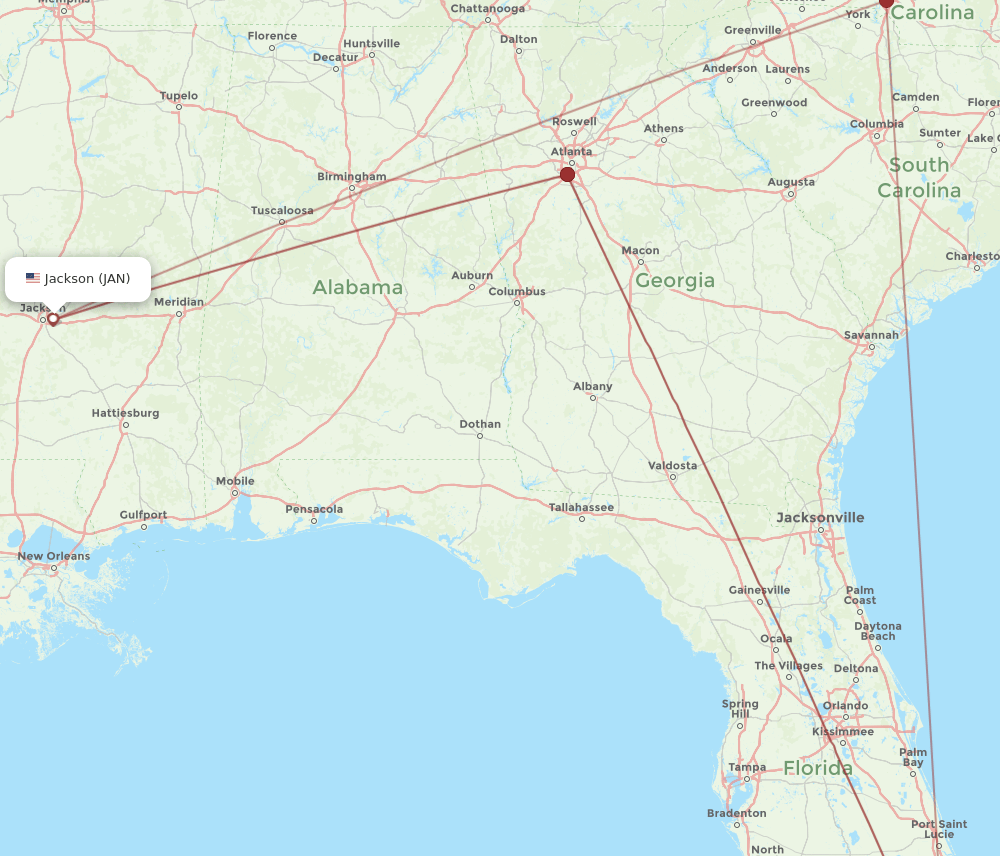 MIA to JAN flights and routes map